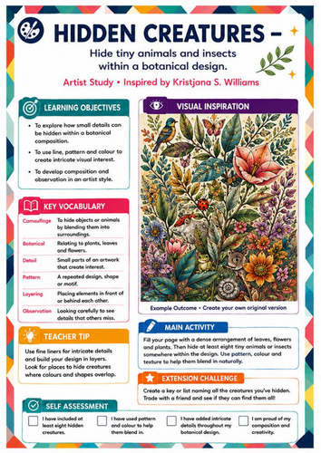 Kristjana S. Williams Inspired Hidden Creatures | KS3 Botanical Art Worksheet