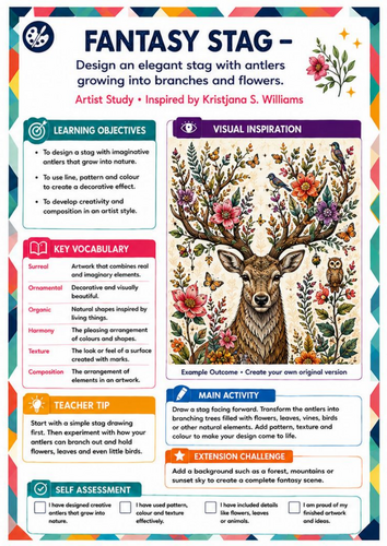 Kristjana S. Williams Inspired Fantasy Stag | KS3 Nature Art Worksheet
