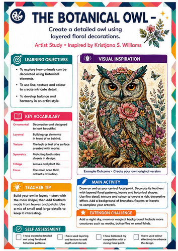 Kristjana S. Williams Inspired Botanical Owl | KS3 Art Worksheet