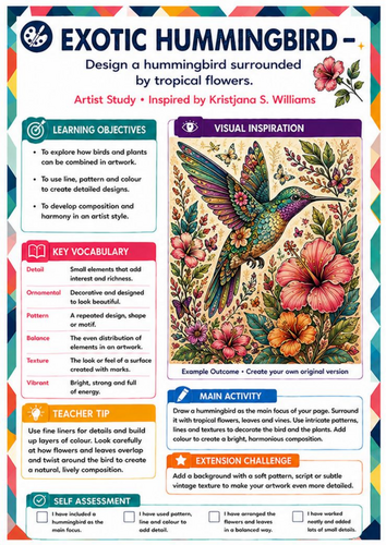Kristjana S. Williams Inspired Exotic Hummingbird | KS3 Art Worksheet
