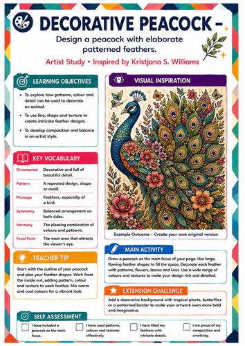 Kristjana S. Williams Inspired Decorative Peacock | KS3 Pattern Art Worksheet
