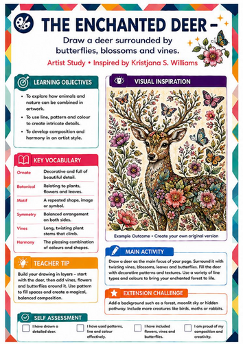 Kristjana S. Williams Inspired Enchanted Deer | KS3 Botanical Art Worksheet