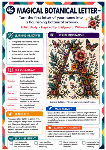 Kristjana S. Williams Inspired Magical Botanical Letter | KS3 Art Worksheet