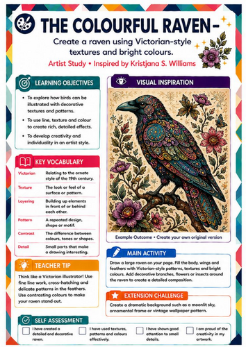 Kristjana S. Williams Inspired Colourful Raven | KS3 Victorian Art Worksheet