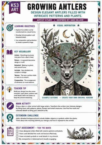 Dan Hillier Inspired Growing Antlers | KS3 Art Worksheet | Botanical Drawing