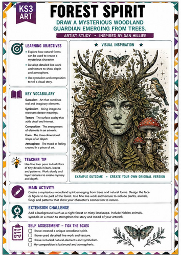 Dan Hillier Inspired Forest Spirit | KS3 Art Worksheet | Surreal Nature Drawing