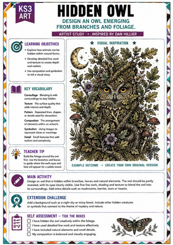 Dan Hillier Inspired Hidden Owl | KS3 Art Worksheet | Nature & Camouflage
