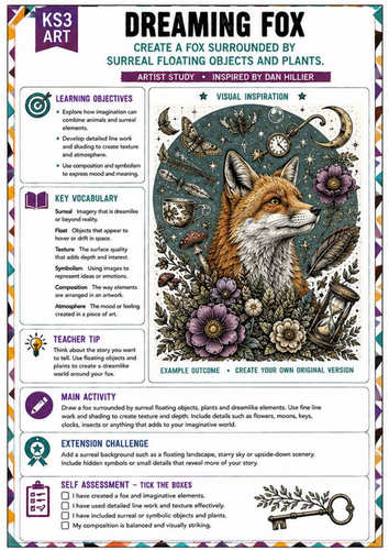 Dan Hillier Inspired Dreaming Fox | KS3 Art Worksheet | Surreal Animal Drawing