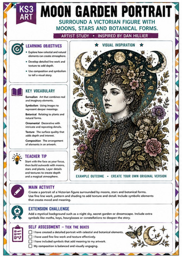 Dan Hillier Inspired Moon Garden Portrait | KS3 Art Worksheet | Surreal Portraiture