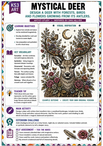 Dan Hillier Inspired Mystical Deer | KS3 Art Worksheet | Nature & Surrealism