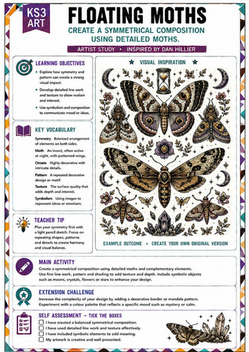 Dan Hillier Inspired Floating Moths | KS3 Art Worksheet | Symmetry & Pattern