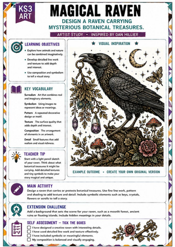 Dan Hillier Inspired Magical Raven | KS3 Art Worksheet | Surreal Animal Drawing