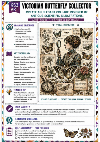 Dan Hillier Inspired Victorian Butterfly Collector | KS3 Art Collage Worksheet