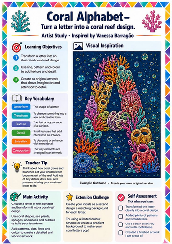 Vanessa Barragão Coral Alphabet | KS3 Lettering & Pattern Art Worksheet