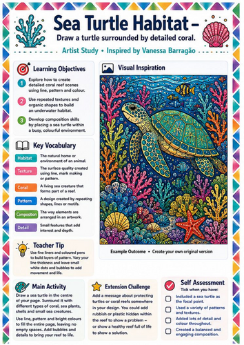 Vanessa Barragão Sea Turtle Habitat | KS3 Marine Life Art Worksheet