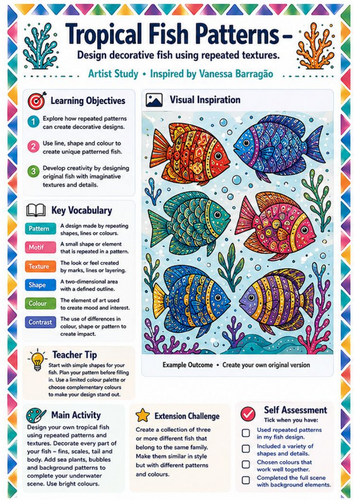 Vanessa Barragão Tropical Fish Patterns | KS3 Colour & Pattern Art Worksheet