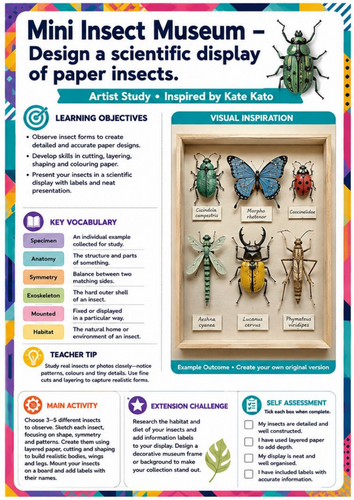 Kate Kato Artist Study – Mini Insect Museum | KS3 Paper Art & Design Worksheet