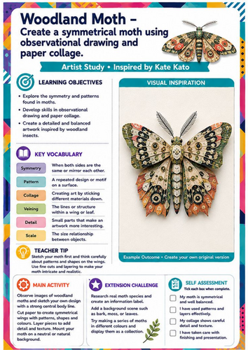 Kate Kato Artist Study – Woodland Moth | KS3 Drawing & Paper Collage Worksheet