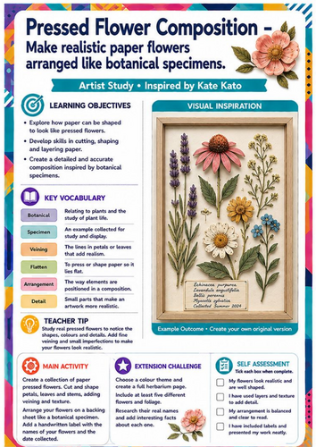 Kate Kato Artist Study – Pressed Flower Composition | KS3 Botanical Paper Art Worksheet