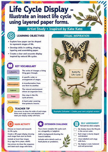 Kate Kato Artist Study – Insect Life Cycle Display | KS3 Paper Art Worksheet