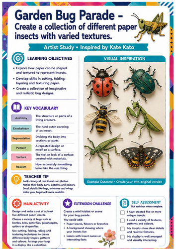 Kate Kato Artist Study – Garden Bug Parade | KS3 Paper Insect Art Worksheet