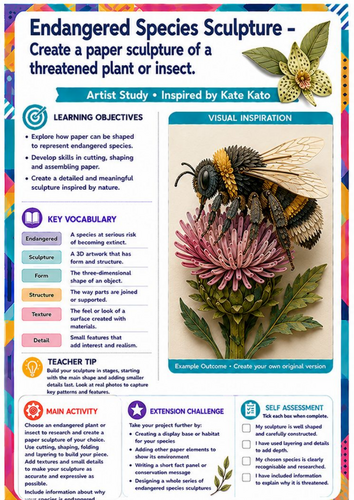 Kate Kato Artist Study – Endangered Species Sculpture | KS3 Paper Art & Nature Worksheet