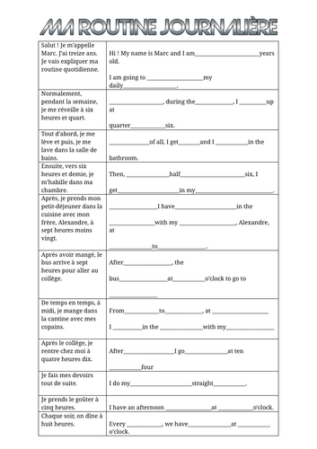 French daily routine English gap fill