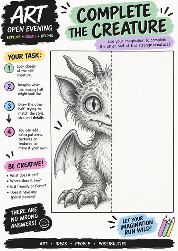 Complete the Creature Art Worksheet | Creative Drawing Activity | KS2 KS3