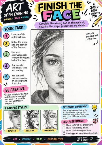 Finish the Face Drawing Worksheet | Portraiture Art Activity | KS2 KS3