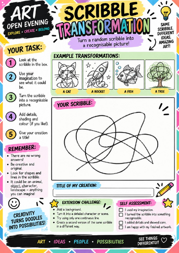 Scribble Transformation Art Worksheet | Creative Imagination Drawing Challenge