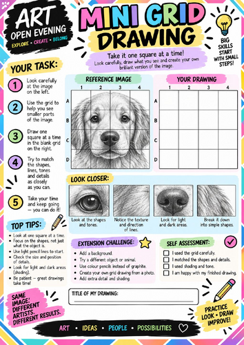 Mini Grid Drawing Worksheet | Dog Observational Drawing Activity | KS2 KS3 Art