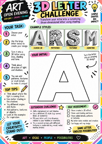 3D Letter Drawing Worksheet | Typography, Shading & Form Art Activity