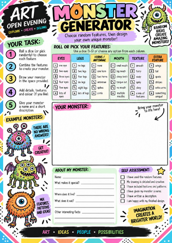 Monster Generator Art Worksheet | Random Creative Creature Drawing Activity