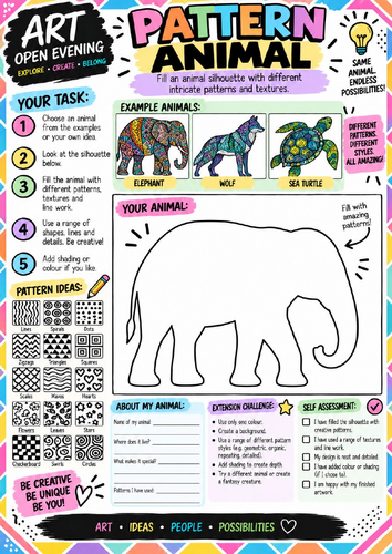 Pattern Animal Art Worksheet | Zentangle-Style Pattern & Texture Drawing Activity