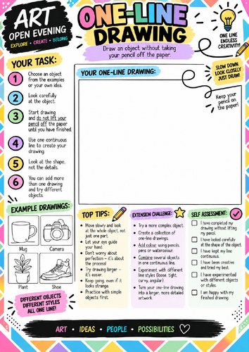 One-Line Drawing Art Worksheet | Continuous Line Observational Drawing Activity