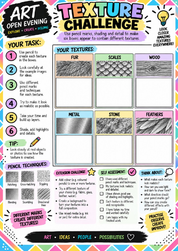 Texture Challenge Art Worksheet | Pencil Mark Making & Shading Activity | KS3