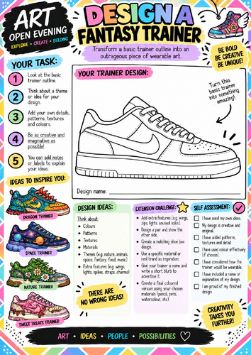 Design a Fantasy Trainer Art Worksheet | Shoe Design Creative Activity | KS2 KS3