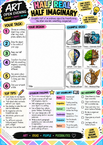 Half Real Half Imaginary Art Worksheet | Creative Transformation Drawing Activity