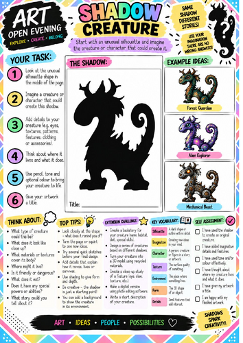 Shadow Creature Art Worksheet | Silhouette Creative Character Drawing Activity