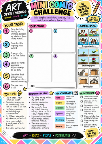 Mini Comic Challenge Art Worksheet | 4-Frame Visual Storytelling Activity