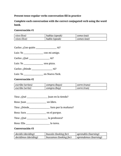 Present tense regular verbs conversation fill in practice