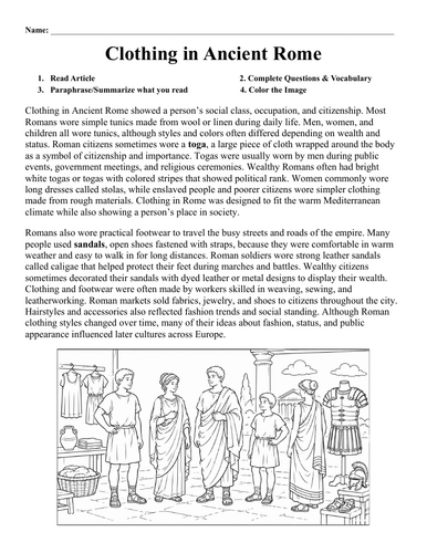 Clothing in Ancient Rome Worksheet