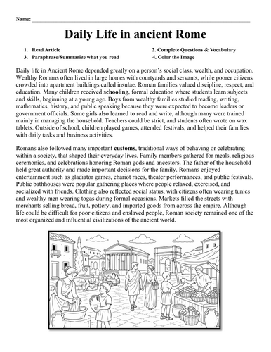 Daily Life in Ancient Rome Worksheet