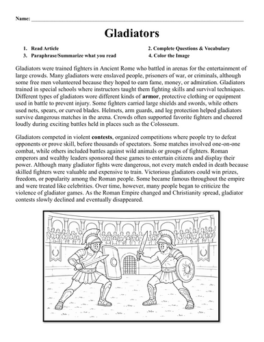 Roman Gladiators Worksheet
