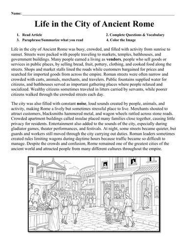 Life in the City of Ancient Rome Worksheet