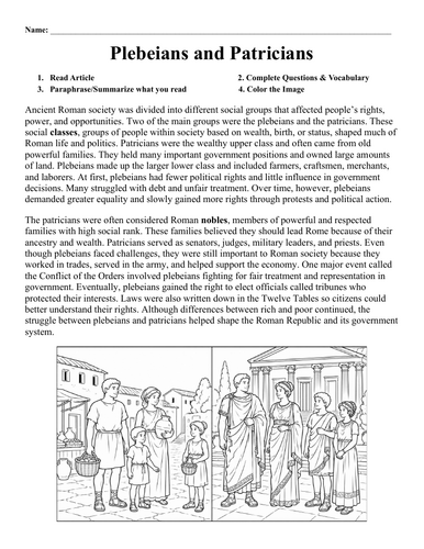 Plebeians and Patricians Worksheet