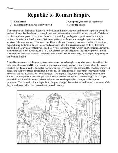 Roman Republic to Roman Empire Worksheet