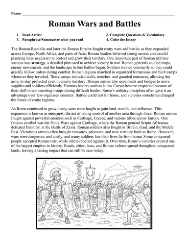 Roman Wars and Battles Worksheet