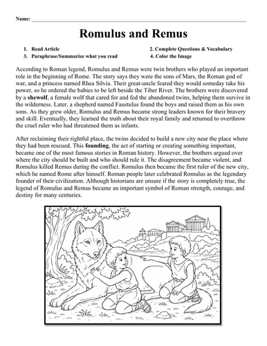 Romulus and Remus Worksheet
