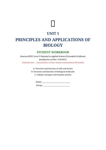 BTEC Applied Science Level 3 AAQ Unit 1 Biology | 39-Page Student Booklet | Pearson 2025